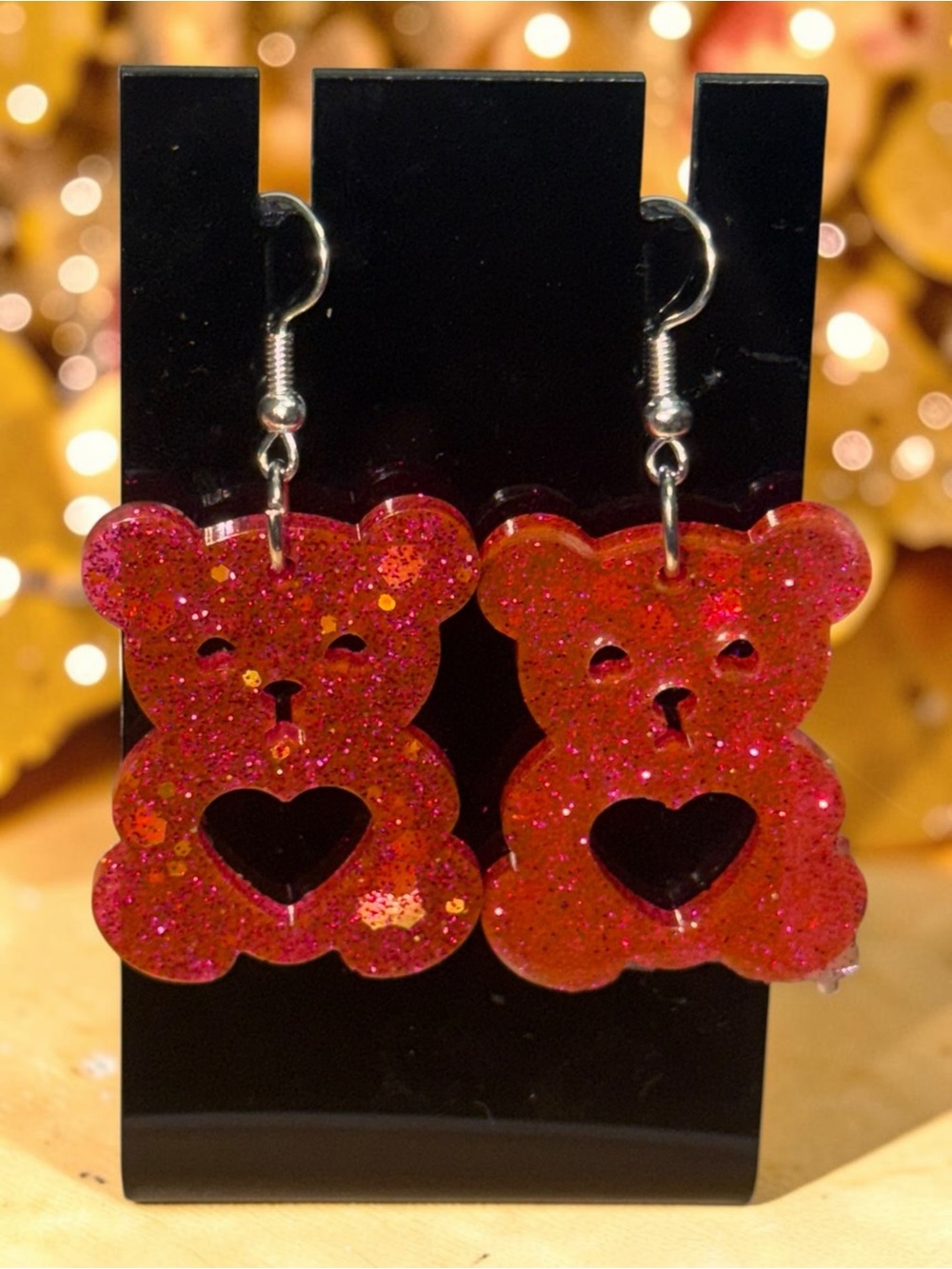 Handmade Pink Glitter Teddy Bear Heart Resin Earrings